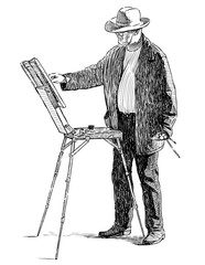 Sticker - Sketch of artist in a hat paints in open air