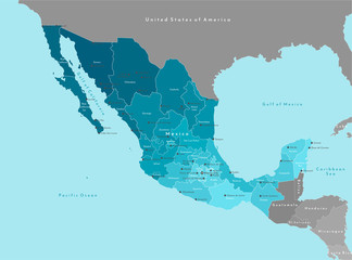 Wall Mural - Vector illustration. Simplified geographical  map of Mexico (United Mexican States) and nearest countries (USA, Belize and etc). Blue background of Pacific ocean. Names of mexican cities and states