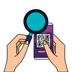 Sticker - hands using smartphone with scan code qr and magnifying glass vector illustration design