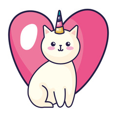 Sticker - cute cat unicorn with heart icon vector illustration design