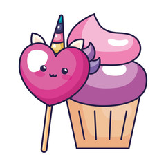 Canvas Print - cute heart unicorn with cupcake kawaii style vector illustration design