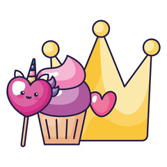 Wall Mural - cute crown with cupcake and heart unicorn kawaii style vector illustration design