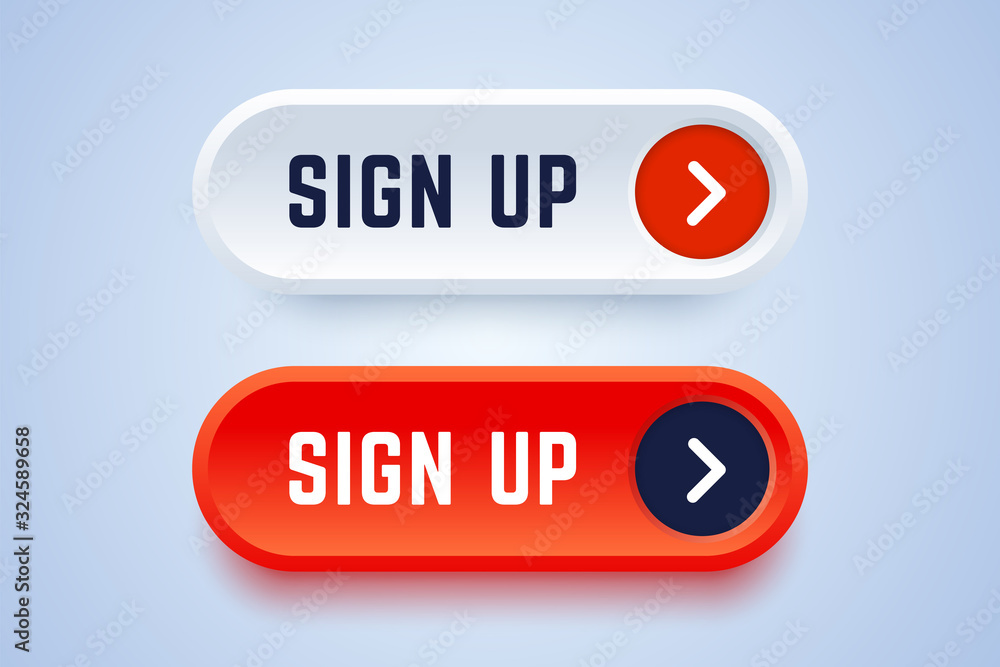 Sign up buttons in 3d style with arrow sign. Red and white buttons to ...
