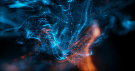 Wall Mural - abstract macro shot of blue and orange particle fluid isolated on black. paint drops mixing in water