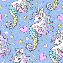 Seamless Marine Pattern. Seahorses, Unicorns With A Rainbow Mane On A Blue Background. Vector