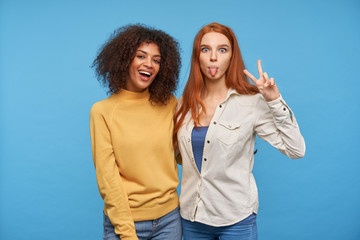 Wall Mural - Pretty young redhead lady making faces while looking at camera and showing her tongue, raising hand with peace sign while posing over blue background with glad dark skinned curly female