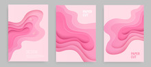 Pink Paper Cut Banner Set With 3D Slime Abstract Background And Pink Waves Layers. Abstract Layout Design For Brochure And Flyer. Paper Art Vector Illustration