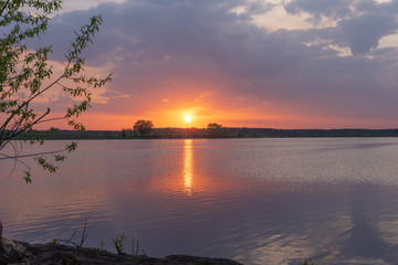 Wall Mural - beautiful summer landscape on the river, with beautiful evening sky.