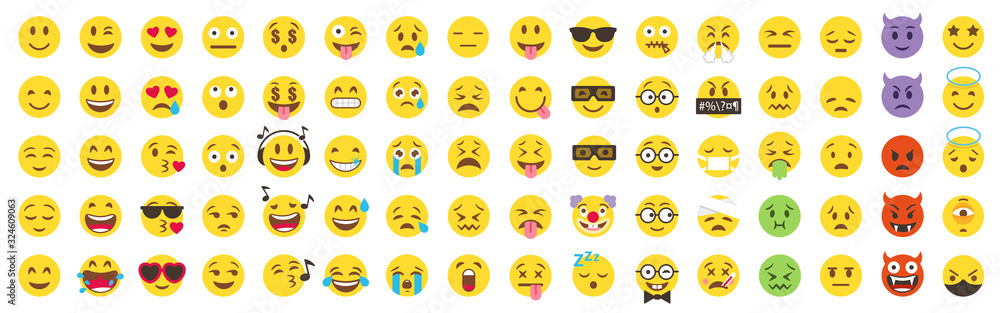 Vector Emoticon Big Set. Emoji pack. All face and hand emojis vector icons illustrations collection - obrazy, fototapety, plakaty 