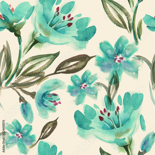 Naklejka dekoracyjna Watercolor Blue Flowers Seamless Pattern