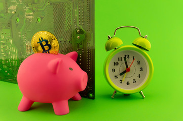 Saving using Bitcoin concept with piggy bank