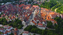 Aerial View Of The Old Part Of The City Rottweil In Germany. Pan To The Left Beside The Old Town.