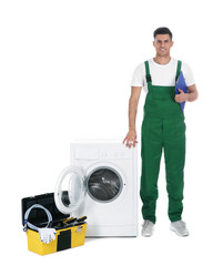 Poster - Repairman with clipboard and toolbox near washing machine on white background