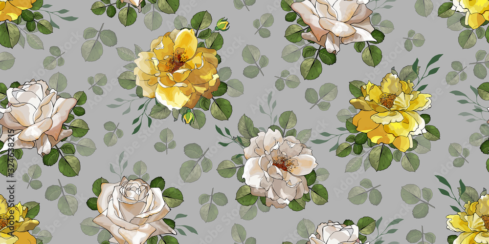 Seamless floral pattern with flowers cream and yellow rose and green ...