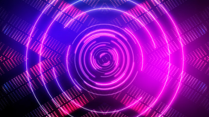  Dark futuristic neon background. Light center, neon circle. Rays and lines, geometric shapes.