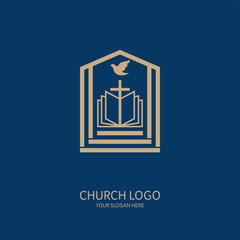 Church logo. Christian symbols. The open bible, the cross of Jesus Christ and the dove.