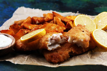 Wall Mural - traditional British fish and chips consisting of fried fish, potato chips and mayonnaise