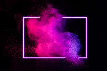 Abstract Color Splash With Neon Frame For Wallpaper Design. Colorful Dust Explode. Paint Splash On White Background