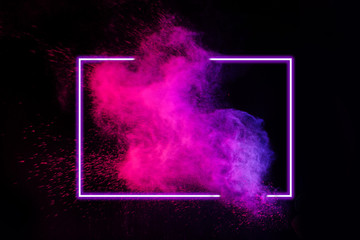 abstract color splash with neon frame for wallpaper design. colorful dust explode. paint splash on w