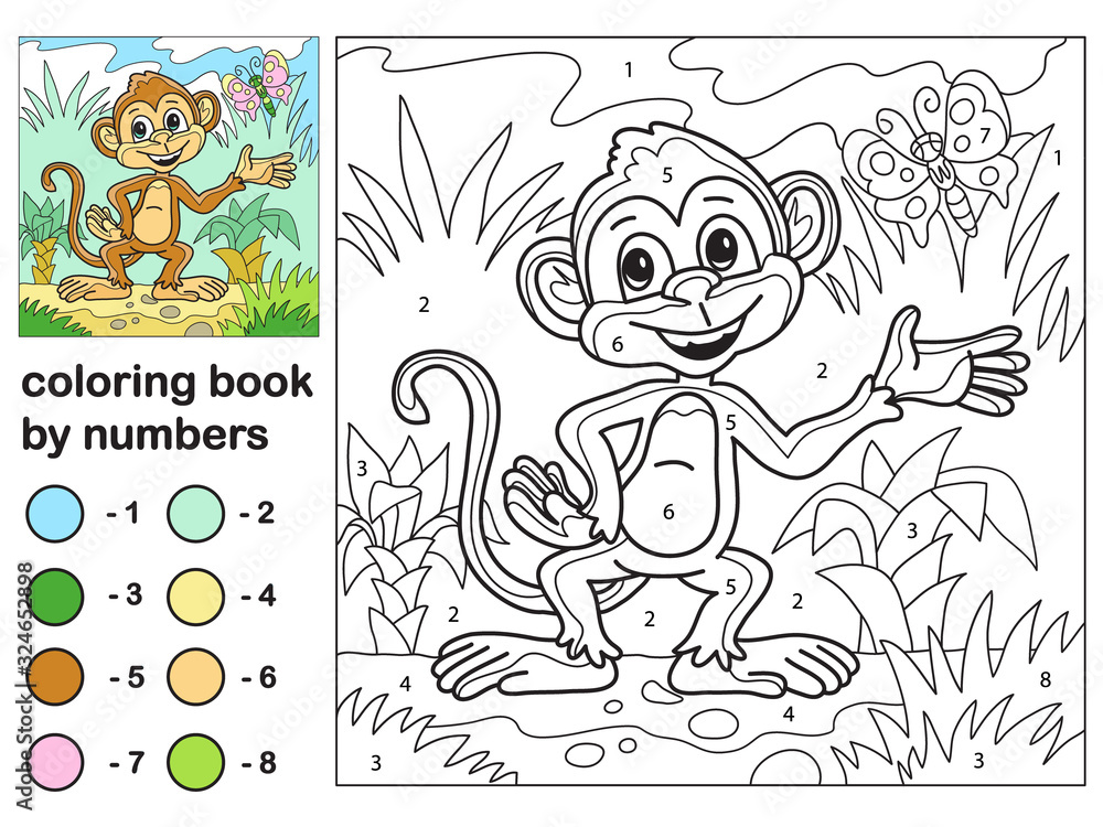 Cute monkey vector coloring by numbers for kids. An educational ...
