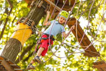 happy little children in a rope park on the wood background