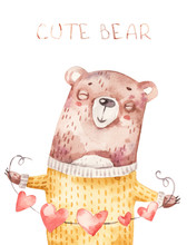 Cute Card Poster With Handpainted Portrait Cartoon Bear With Smiling Face And Hearts Love Garland. Watercolor Boho Nursery Hand Painted Illustration For Baby, Newborn, Kids, Greeting Card, Invite