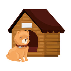 cute dog with wooden house isolated icon vector illustration design