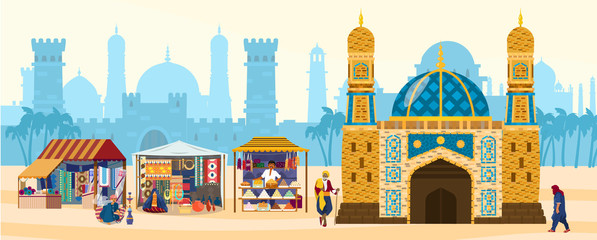 Vector illustration of muslim city with mosque, street shops, people. Ancient architecture at the background, castles, houses, gates, towers. Authentic goods for sale. Carpets, sweets, ceramics. Flat.