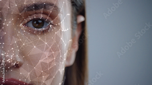 Face ID. Future. Half Face of Young Caucasian Woman for Face Detection. Brown Female Eye Biometrical Iris Scan Reading for Person Identification. Augmented Reality. 3D Technology Concept.