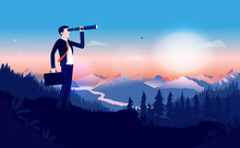 Looking For A Job - Businessman In Suit Outdoors Using Binocular To Search For Opportunities. Briefcase In Hand And Beautiful Landscape. Looking For Success, Finding Solutions Concept. Illustration.