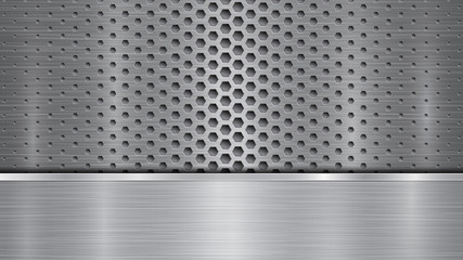 Background in silver and gray colors, consisting of a perforated metallic surface with holes and one horizontal polished plate located below, with a metal texture, glares and shiny edges