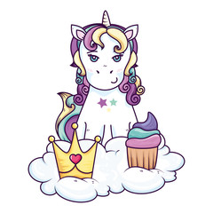 Poster - cute unicorn with crown and cupcake in cloud vector illustration design