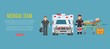 © partyvector - Medical team ambulance, doctors paramedics emergency service with patient disease vector illustration. Medics people doctors team and patient near ambulance car, healthcare emergence medicine.