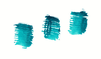 Turquoise watercolor paint brush strokes Paint splash in shades of blue and green isolated on white background. Artistic dynamic pattern. Hand drawn watercolor illustration