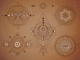 Wall Mural - vector set of sacred symbols with moon, eye, sun and geometric figures on old paper background. abst