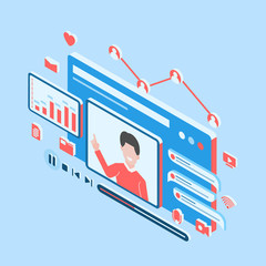 Wall Mural - online video conference teacher teaching with some icon related like comments document with isometric style