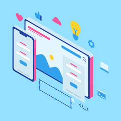 Wall Mural - responsive website development rwd concept with various screen size mobile desktop with isometric st