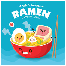 Vintage Food Poster Design With Vector Ramen Characters. 