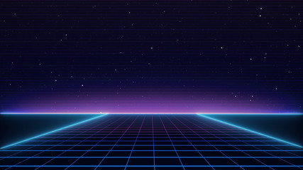 Wall Mural - retro cyberpunk style 80s sci-fi background futuristic with laser grid landscape. digital cyber surf