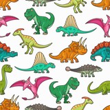 Fototapeta Dinusie - Dinosaur jurassic animals seamless pattern. Vector background with tyrannosaurus, pterodactyl, brontosaurus and spinosaurus, stegosaurus, diplodocus, triceratops and pteranodon prehistoric monsters