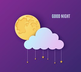 Wall Mural - Night sky in paper cut style. Cut out 3d background with violet and blue gradient cloud and stars on rope and full moon papercut art. Cute origami cloudscape. Vector good night sweet dreams card.