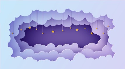 Wall Mural - Night sky clouds rectangular frame with stars on rope in paper cut style. Cut out 3d background with violet blue gradient cloudy landscape papercut art. Vector card for wish good night sweet dreams.