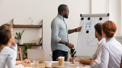 Wall Mural - African American businessman presenting results with diagrams on whiteboard