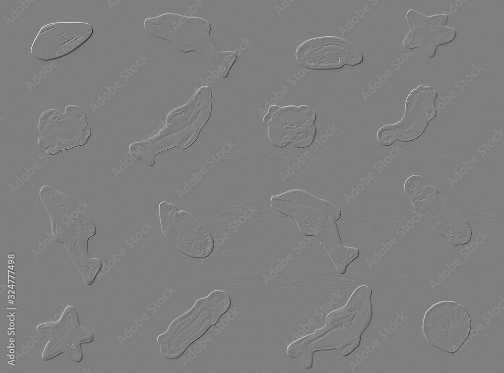 Gray background with forms of sea animals. Seamless pattern Fish, sketch, shells. Ideal for surface textures, wallpapers, web page backgrounds, textiles. Jellyfish, starfish cutout. Sea animals on a b
