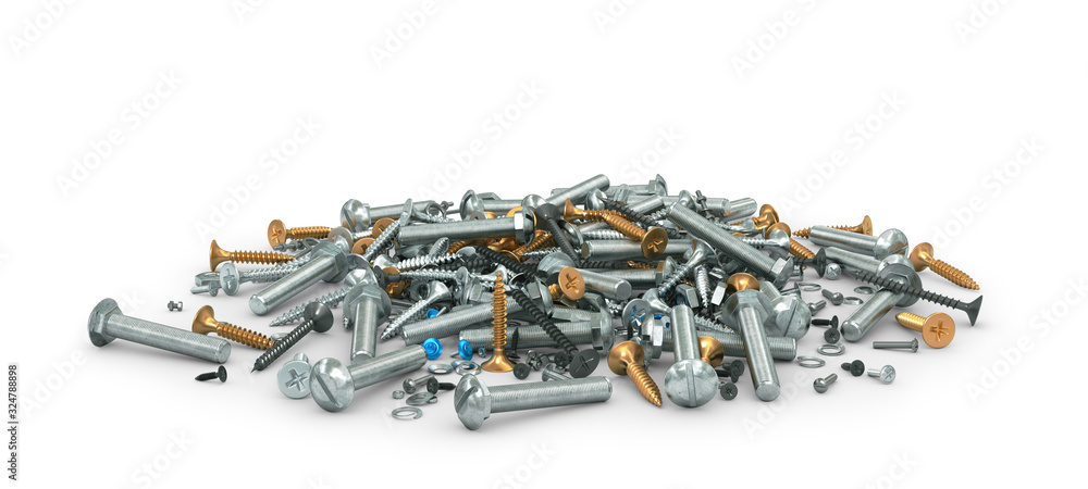 Mount. Many different screws and nuts isolated on white. 3d illustration - obrazy, fototapety, plakaty 