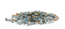 Mount. Many Different Screws And Nuts Isolated On White. 3d Illustration
