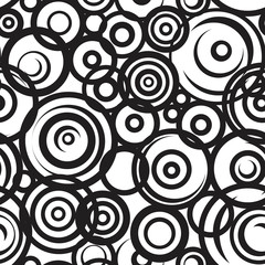  A black and white seamless pattern with random circles on a yellow background for design, a bright abstract vector stock illustration with geometric shapes for printing on textile or paper