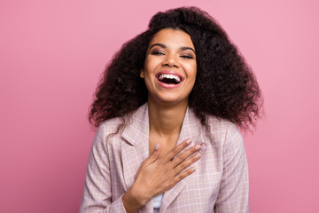 Sticker - Cheerful candid afro american girl manager rest relax on work day break pause laugh jokes wear checkered plaid jacket blazer isolated pastel pink color background