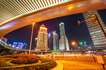 Night view and office building of architectural street in Lujiazui Financial District, Shanghai..