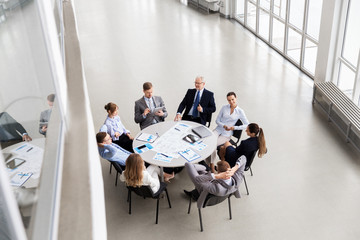 Poster - people, planning, strategy and corporate concept - happy business team having meeting at office